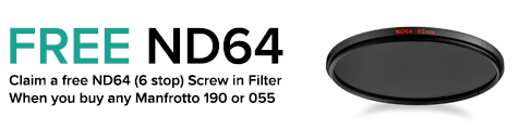 Buy any Manfrotto 190 or 055 Tripod or Kit and claim a FREE Manfrotto ND64 (6 stop) Screw in Filter Buy any Manfrotto 190 or 055 Tripod or Kit and claim a FREE Manfrotto ND64 (6 stop) Screw in Filter
